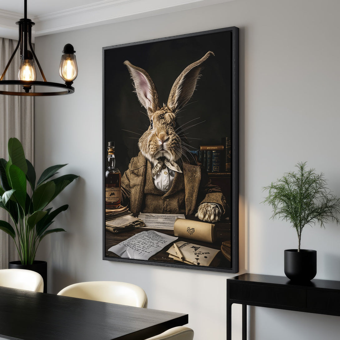 Framed Wall Art featuring a dapper rabbit in a suit, vintage style. Earthy tones and dark background. Perfect for adding character to your home.
