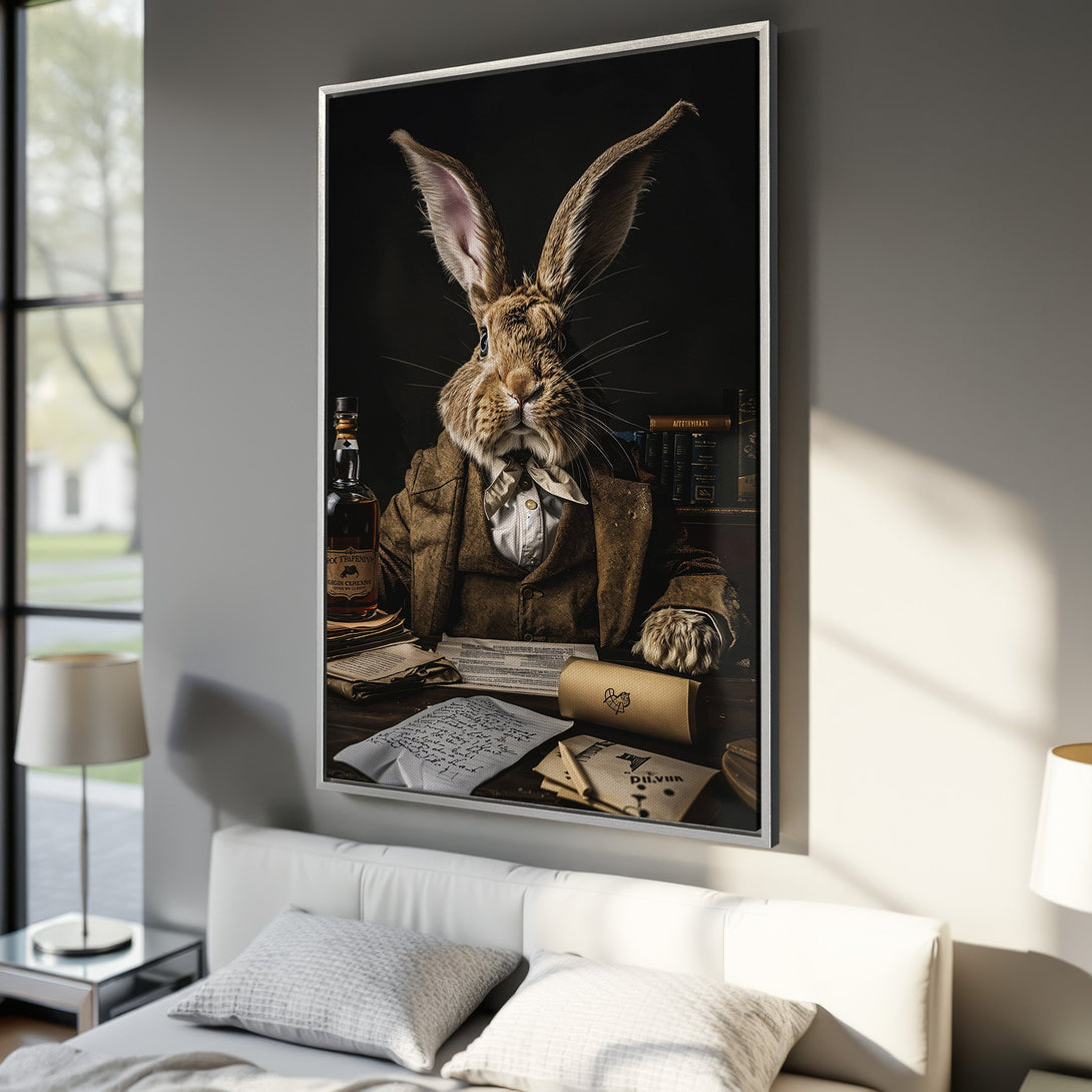 Framed Wall Art: Dapper rabbit portrait in a vintage style, warm brown and beige palette. Unique artwork for your home decor.