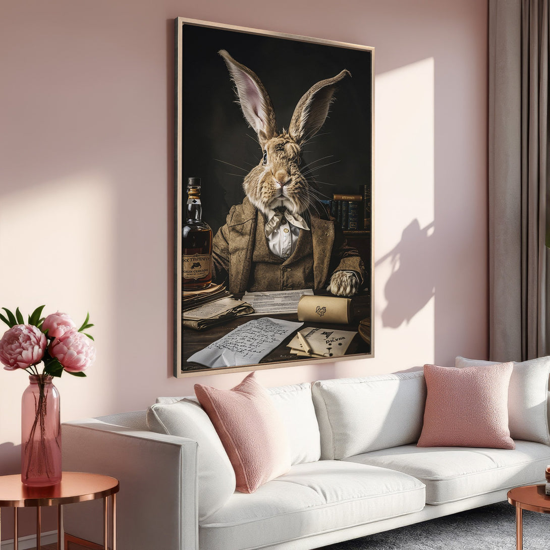 Framed Wall Art featuring a dapper rabbit in a brown suit, set in a room with a pink and neutral color palette. Perfect for unique home decor!
