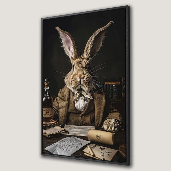 Framed Wall Art featuring a dapper rabbit in a vintage style. Warm brown tones dominate the artwork, creating a sophisticated and whimsical aesthetic.