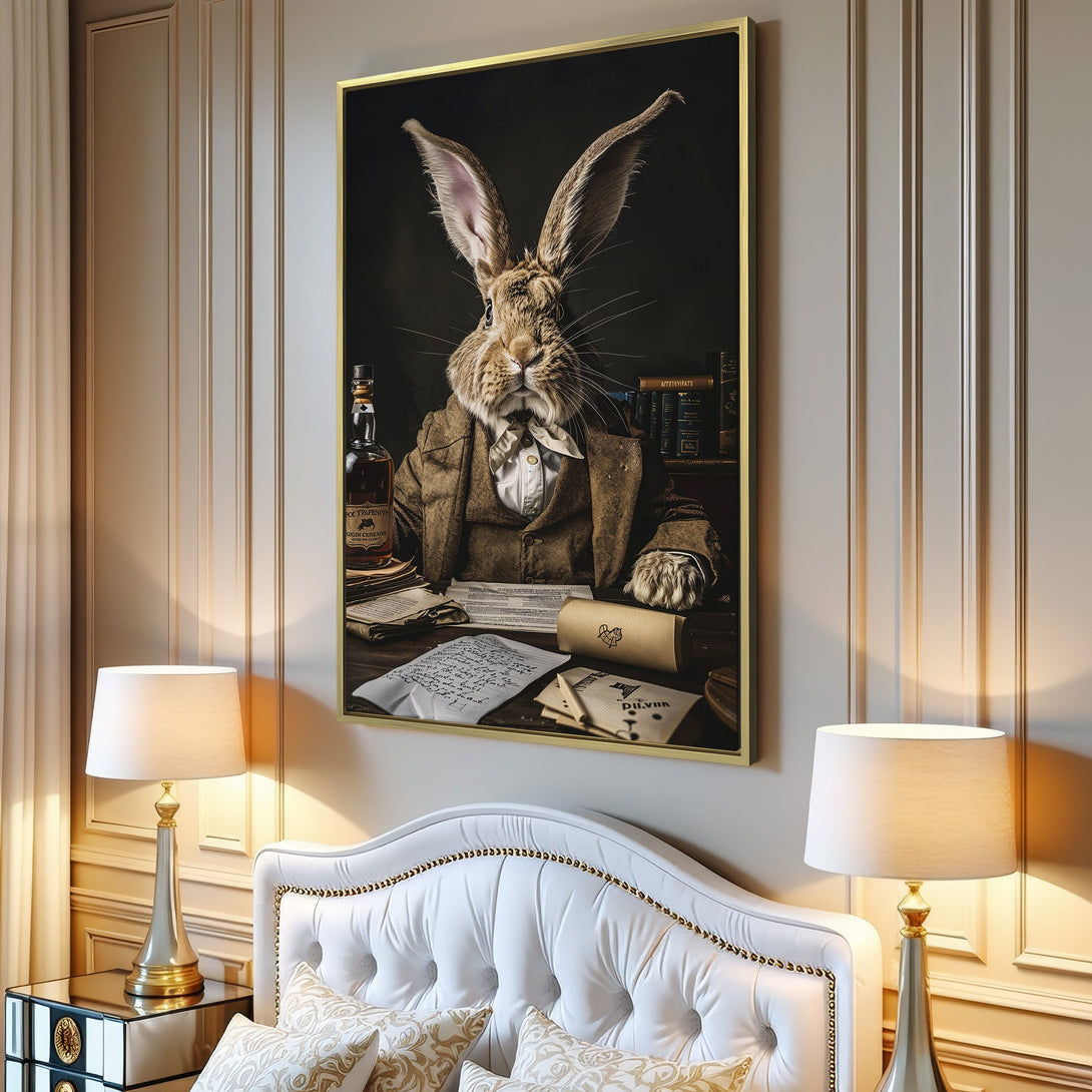 Canvas Print of a dapper rabbit in a vintage style, warm brown tones. Perfect wall art for a unique, sophisticated home.