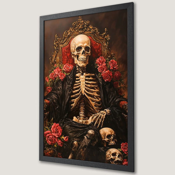 Framed Poster featuring a skeleton on a throne, gothic style with red roses and a dark, moody color palette.