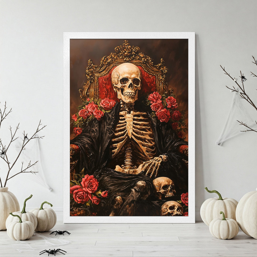 Framed Poster featuring a skeleton on a throne, gothic style, with red roses and a dark color palette. Perfect Halloween decor!