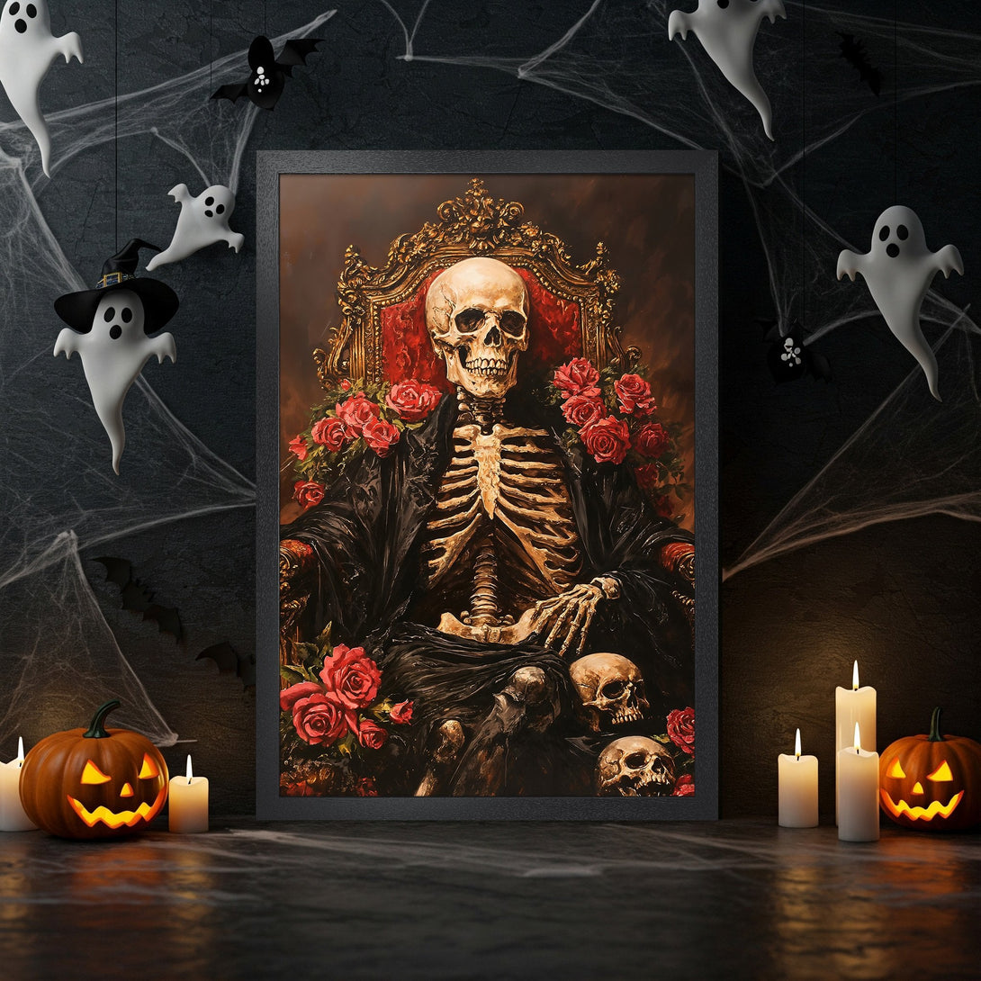 Framed Poster: Spooky skeleton on throne art print with dark, moody color palette, perfect Halloween decor.