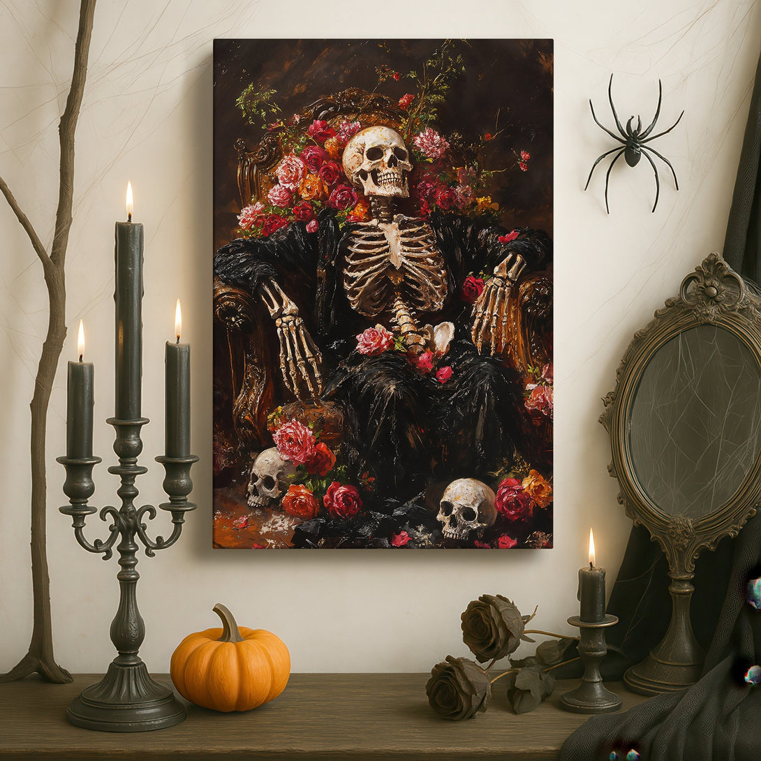 Framed Wall Art featuring a skeleton throne scene in a dark, gothic interior. Rich, moody color palette with reds, blacks, and golds. Perfect for unique home decor.