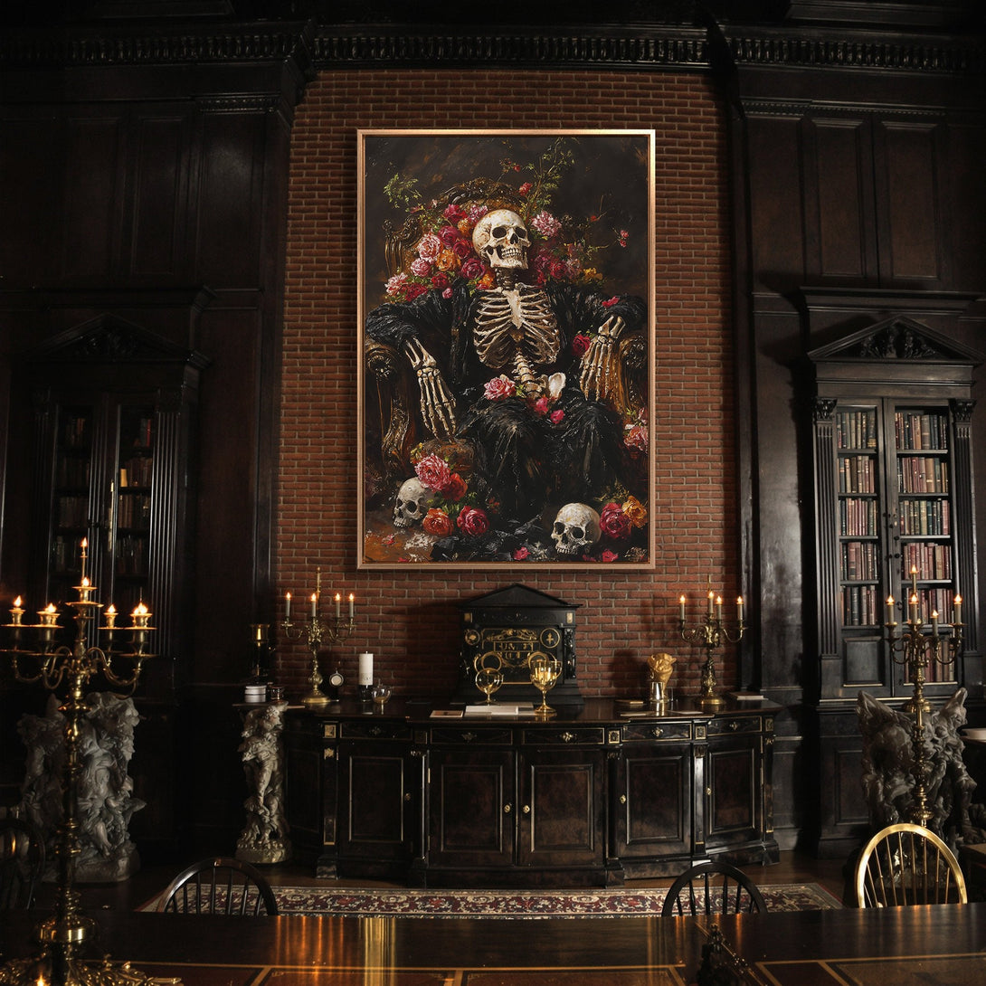 Framed Wall Art featuring a skeleton in a gothic style, with a dark, moody color palette. Perfect for adding a unique touch to your home decor.