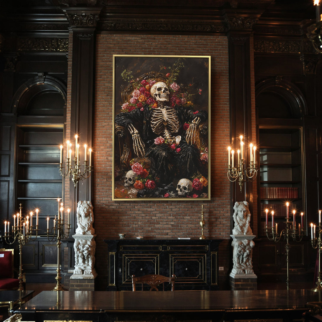 Canvas Print: Spooky skeleton art with vibrant roses in a dark, gothic style. Rich reds, oranges, and blacks create a dramatic Halloween aesthetic.