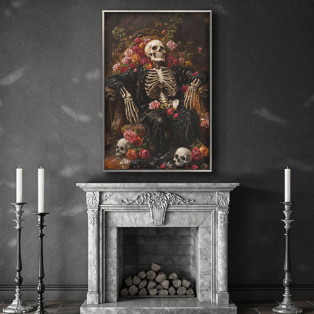 Framed Wall Art: Gothic skeleton portrait with roses. Dark, moody color palette. Perfect for a unique, edgy interior. Shop now!