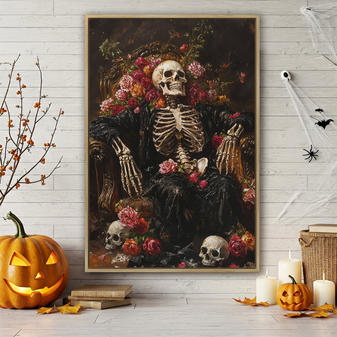 Framed Wall Art: Spooky skeleton portrait with roses, dark, dramatic style. Perfect Halloween decor! Rich black, red, and cream color palette. Add a touch of macabre art.