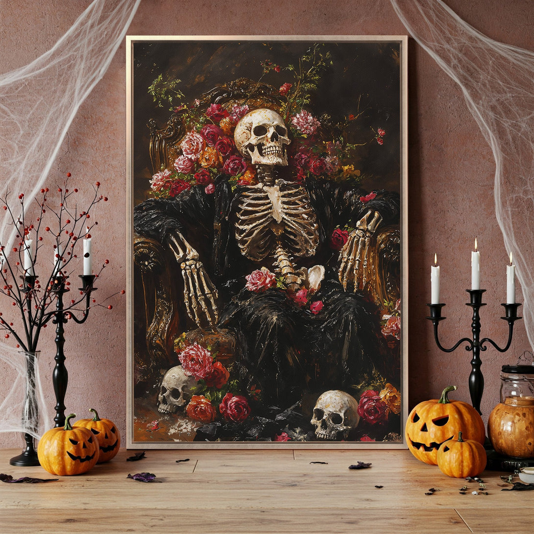 Framed Wall Art: Spooky skeleton portrait with roses, dark & moody color palette, perfect Halloween decor for your home.