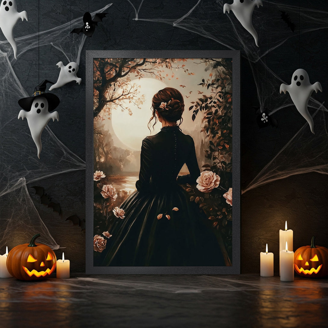 Framed Poster featuring a woman in a black dress, romantic style, with a sepia and black color palette, perfect for Halloween decor.
