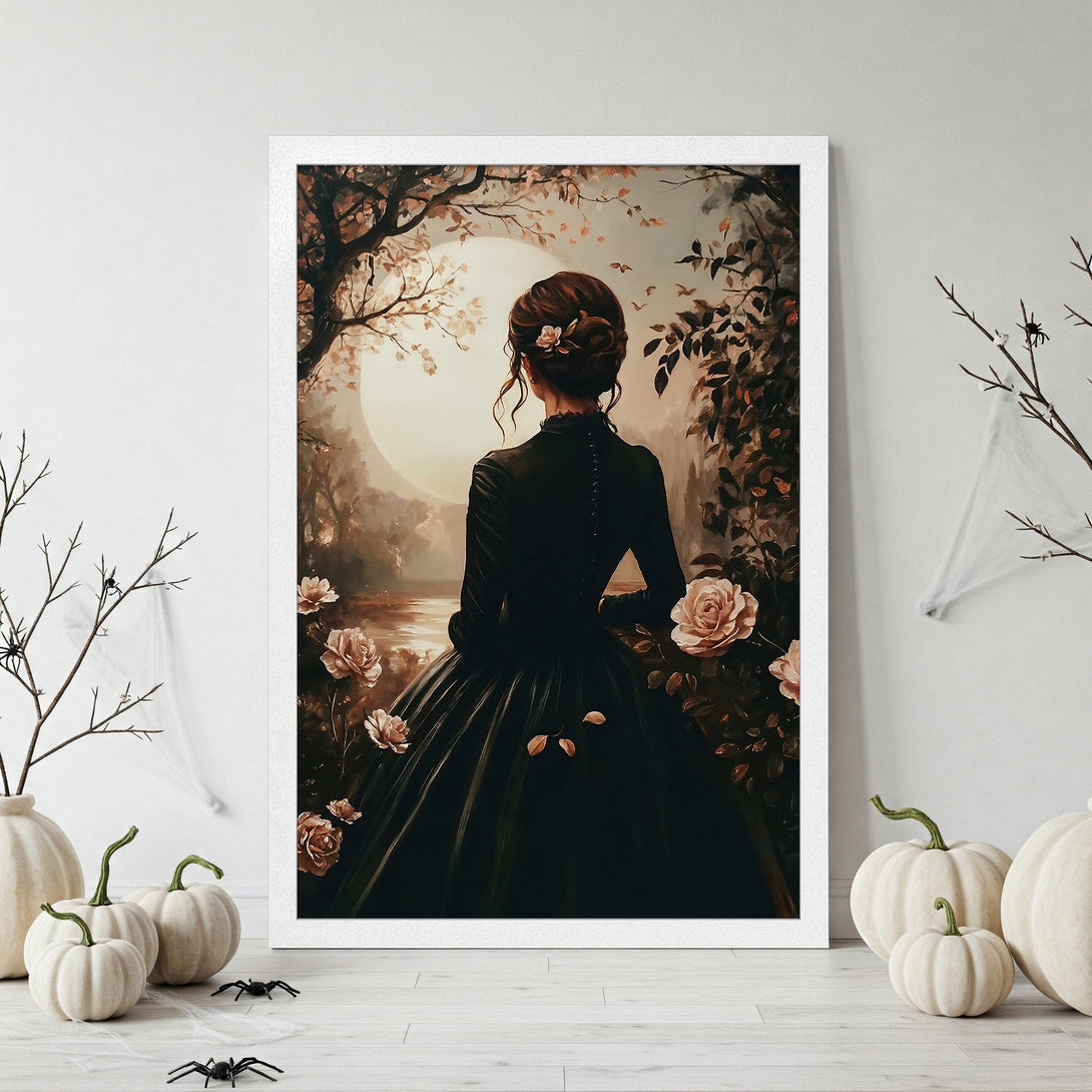 Framed Poster featuring a woman in a black dress, romantic style, warm earth-tone color palette. Perfect wall art for your home!