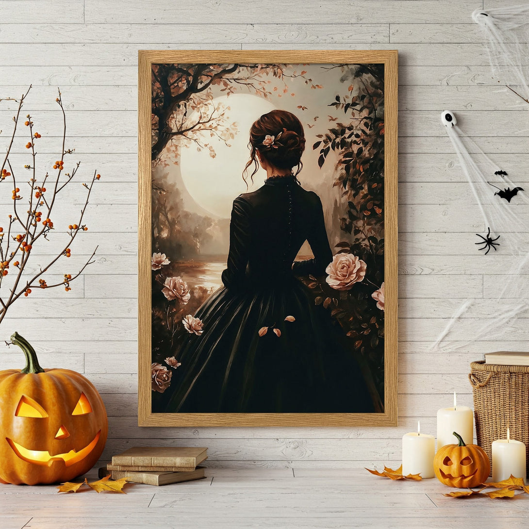 Framed Poster featuring a woman in a black dress with a floral style, in a vintage style, and a warm color palette. Perfect Halloween decor!