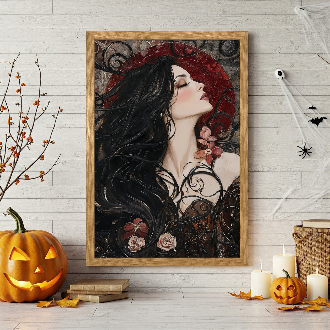 Framed Poster of a gothic woman with a raven, in a dark, painterly style with a warm, autumnal color palette. Perfect Halloween decor!