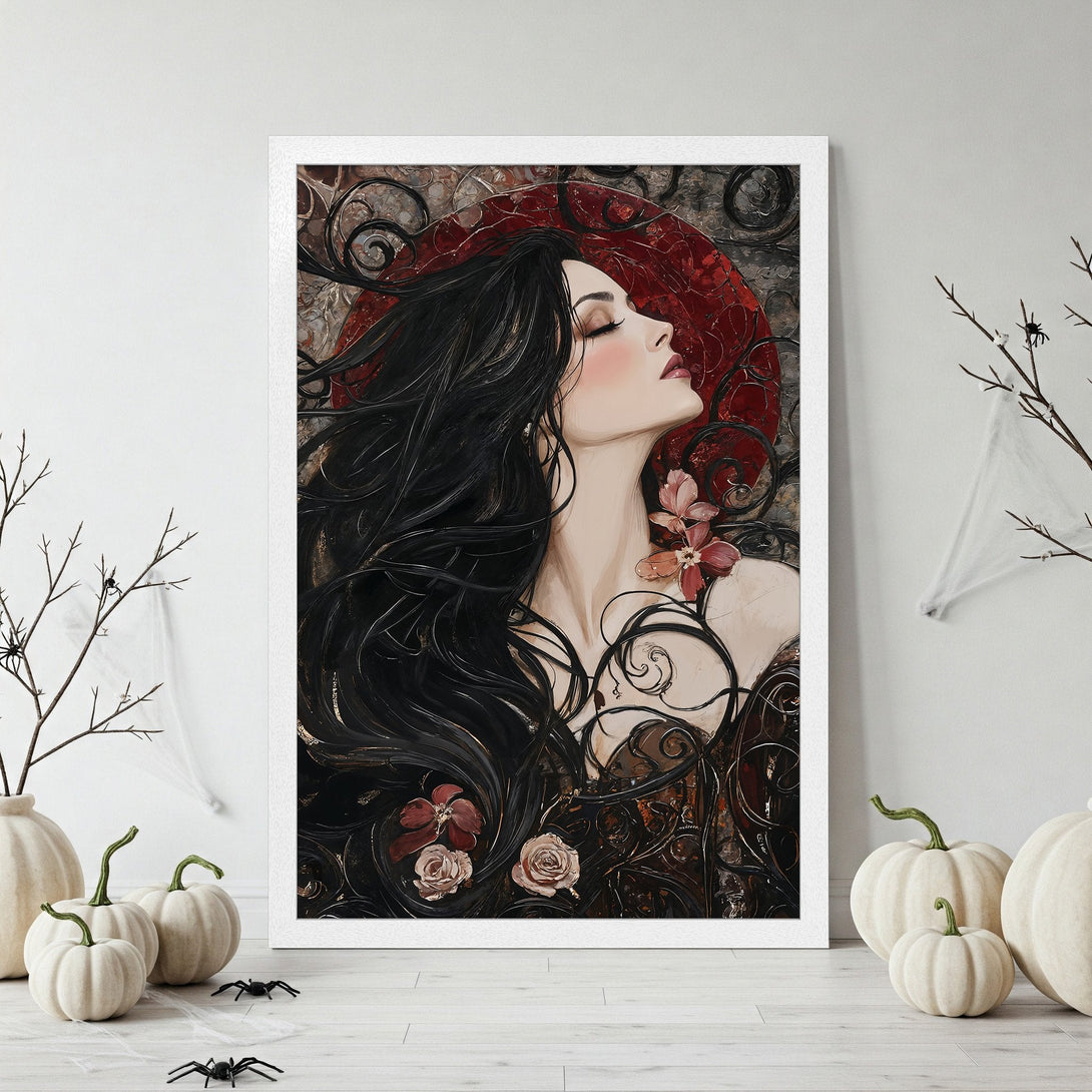Framed Poster: Gothic woman with raven, dark style, black and brown color palette. Perfect Halloween decor!