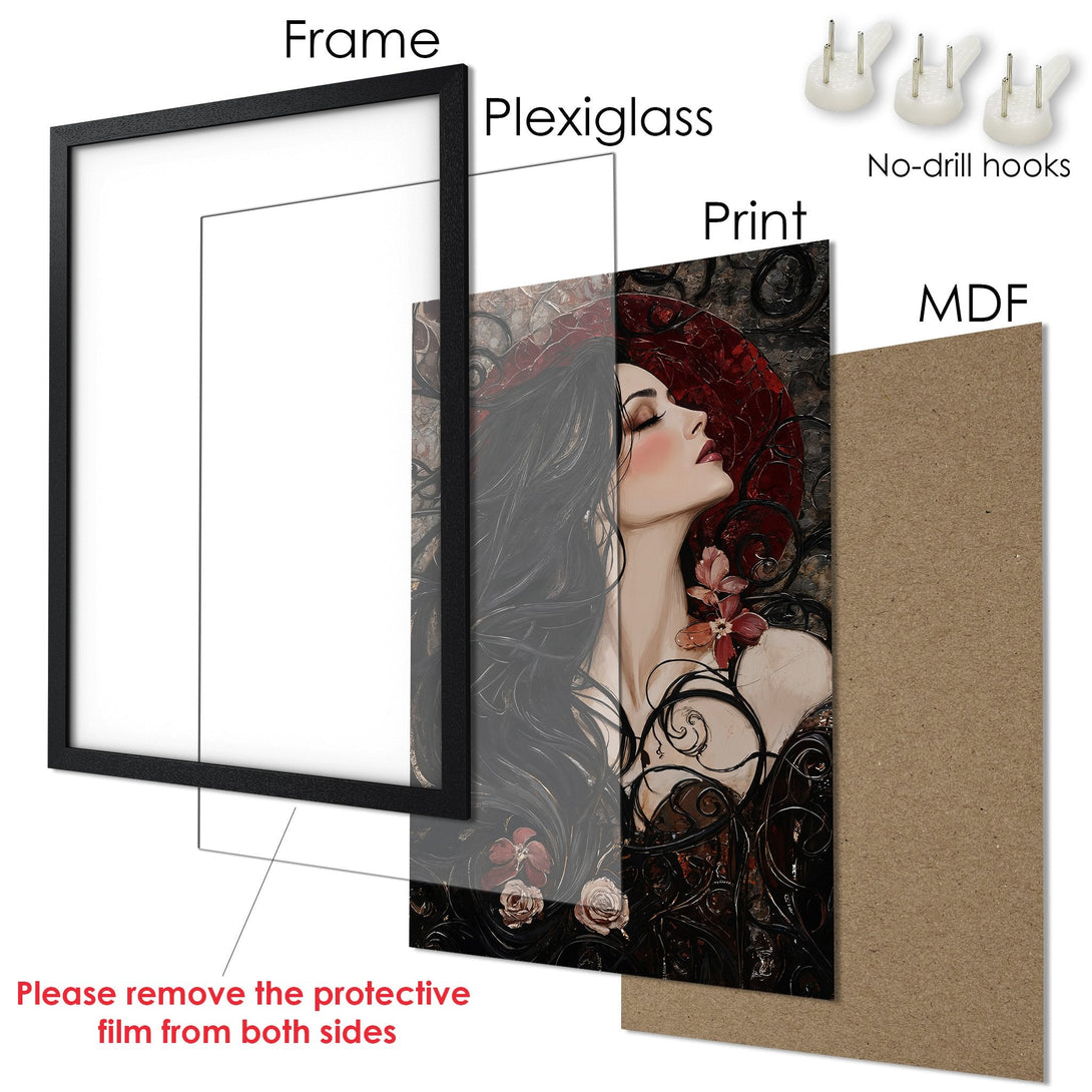Framed Poster featuring a woman with a raven, in a dark, artistic style. Warm, earthy color palette. Perfect wall art!