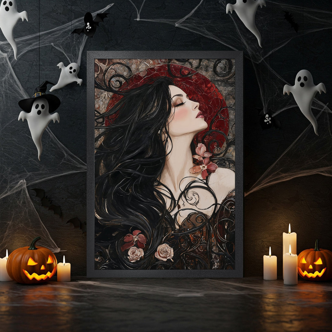 Framed Poster featuring a gothic woman with a raven, abstract art style, dark and warm color palette perfect for Halloween decor.