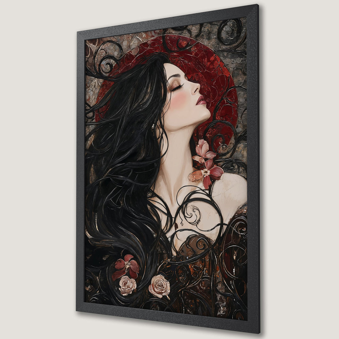 Framed Poster featuring a gothic woman with a raven. Dark, expressive art with a warm, earthy color palette. Perfect wall art!