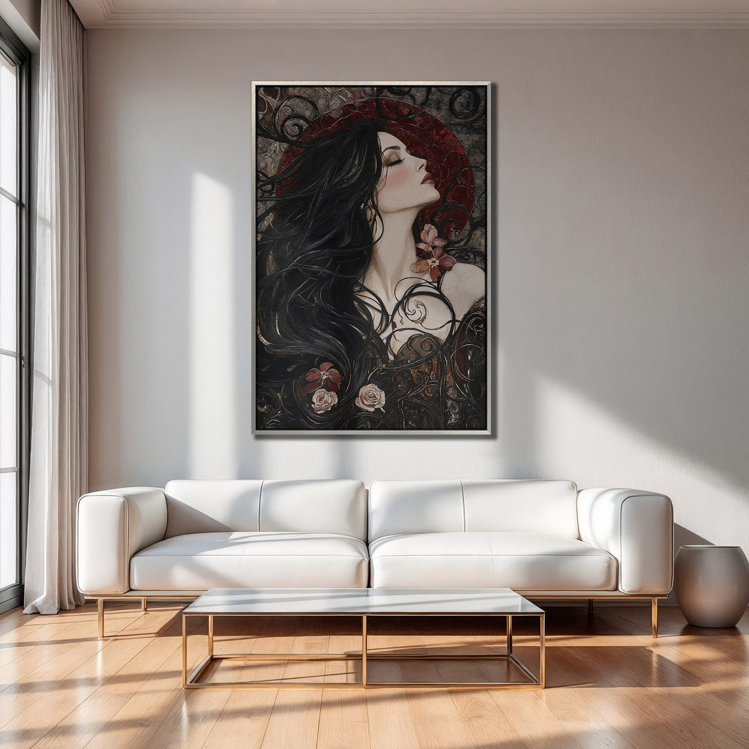 Framed Wall Art: Gothic woman with raven, oil painting style in a dark, moody palette. Add a touch of mystery to your space with this stunning artwork.