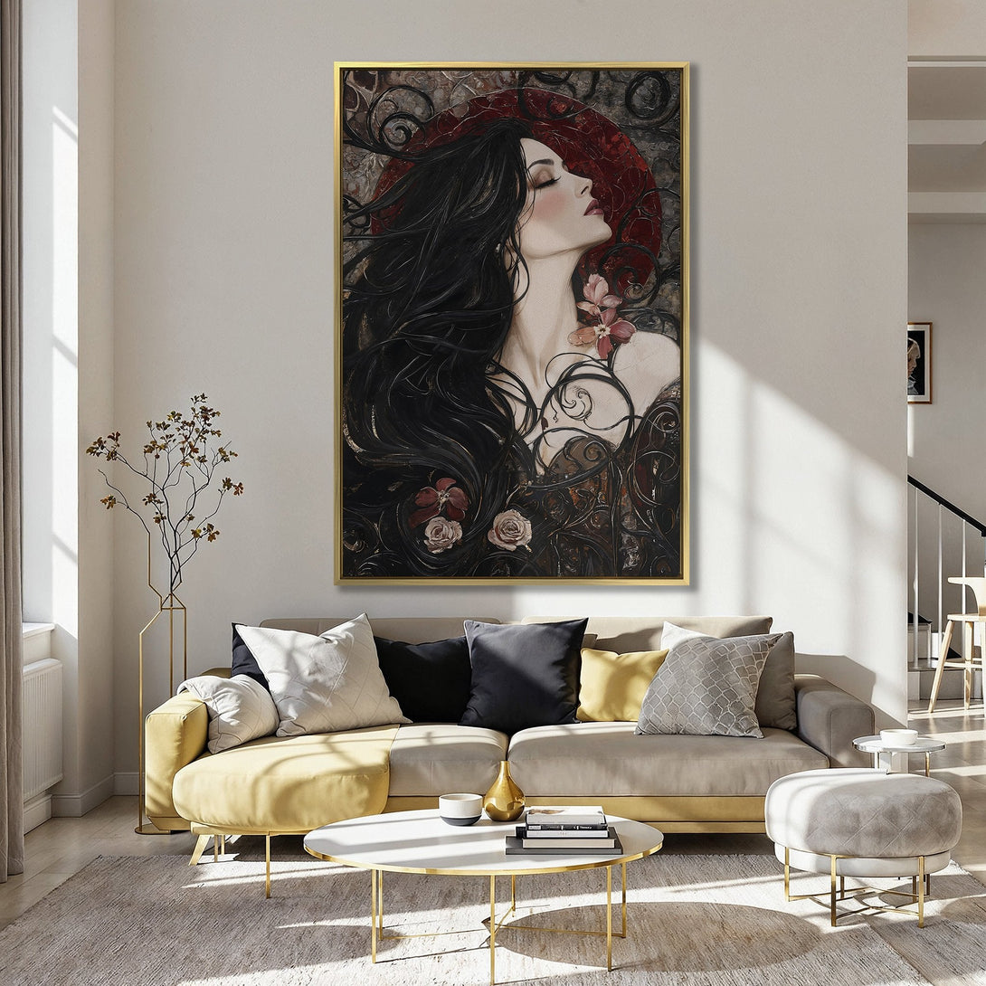 Canvas Print of a gothic woman with a raven, in a dark, moody color palette. Perfect framed wall art for a dramatic living room.