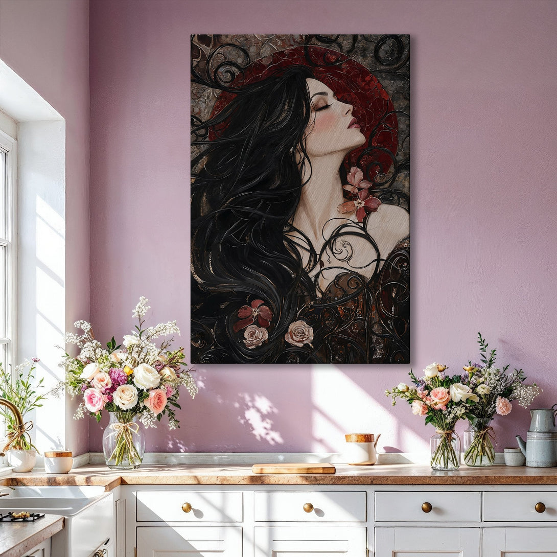 Framed Wall Art: Gothic woman with raven. Dark, moody oil painting style. Earthy tones with black and gold accents. Perfect for bedroom decor.