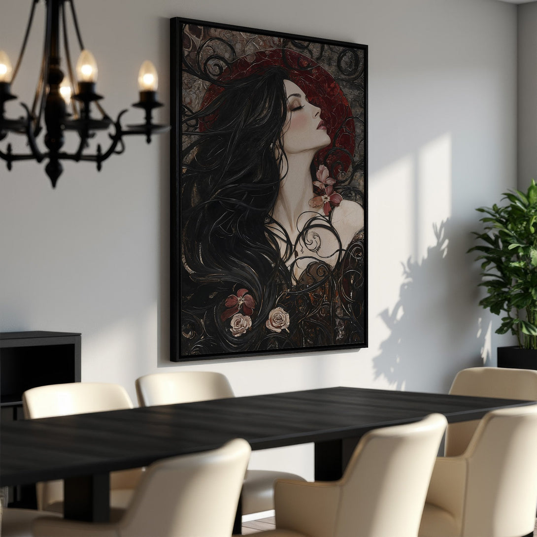 Framed Wall Art: Gothic woman with raven, abstract style, in a black and gold color palette. Elevate your space with this captivating Canvas Print!