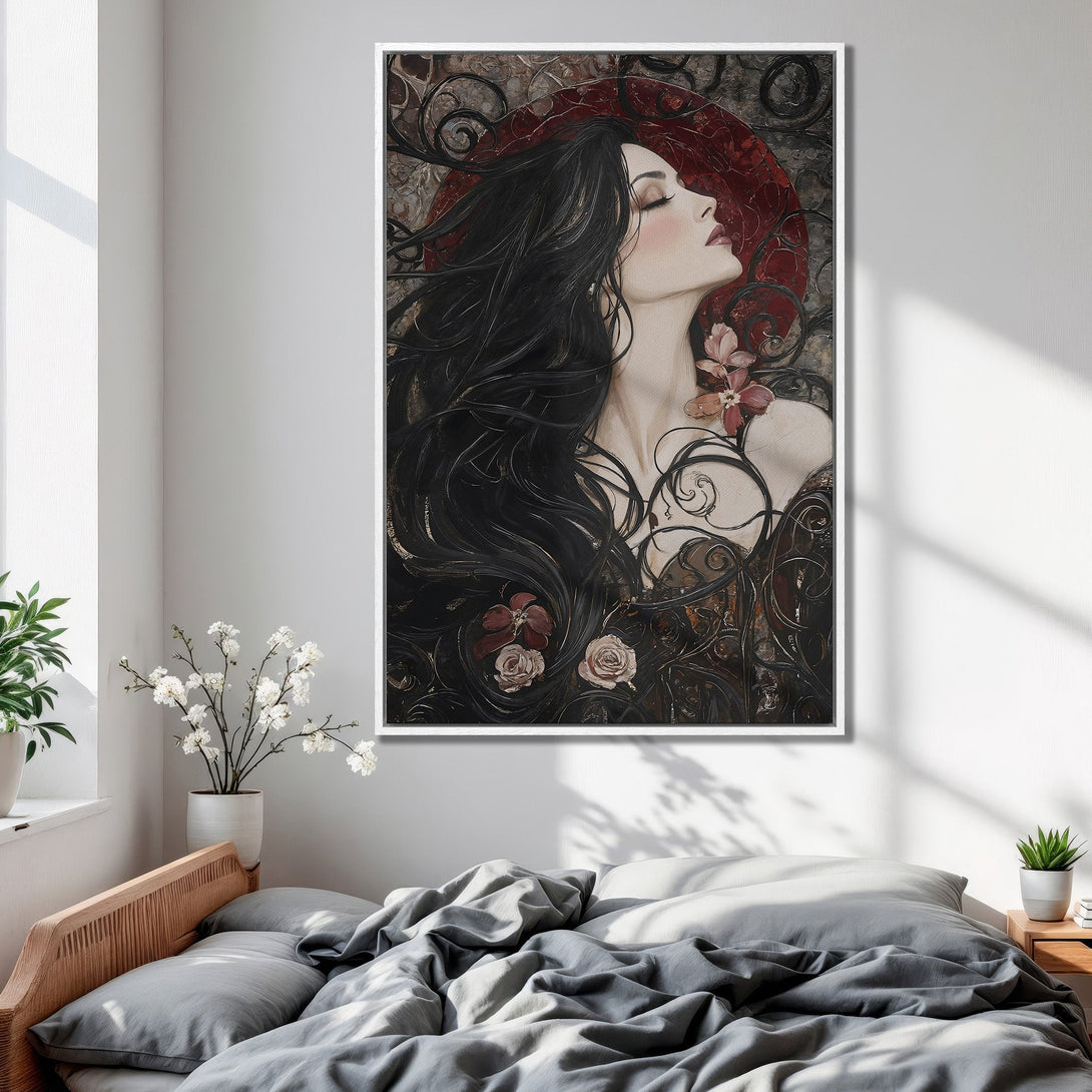 Framed Wall Art featuring a gothic woman with a raven, painted in a dark, moody style with a warm, neutral color palette. Perfect for adding drama!