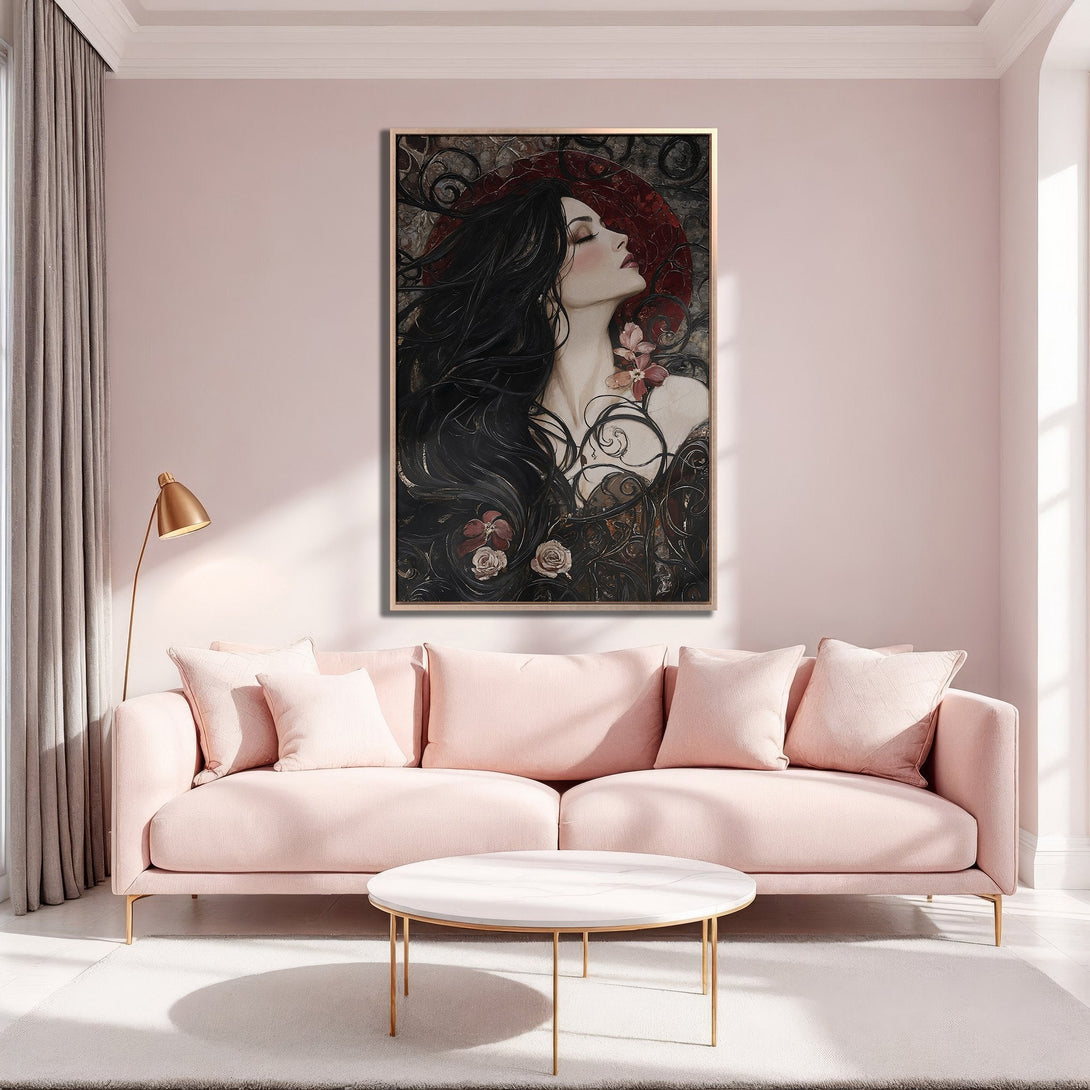 Framed Wall Art featuring a woman with a raven in a dark, painterly style. Warm, earthy tones with pops of black and gold. Perfect for a modern living room.