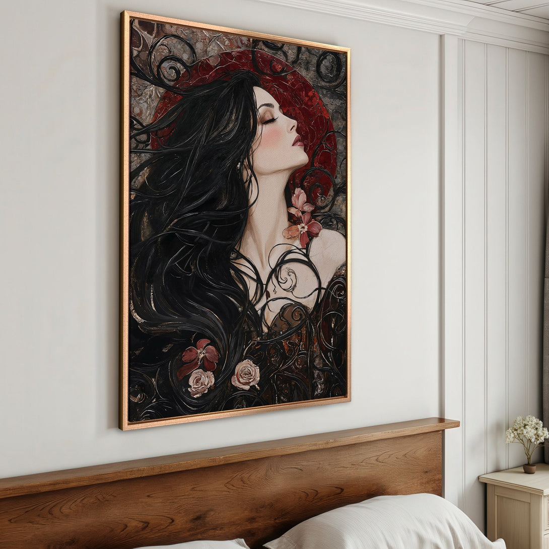 Framed Wall Art: Gothic woman portrait with raven in a modern living room. Dark, dramatic color palette. Elevate your space with this stunning artwork.