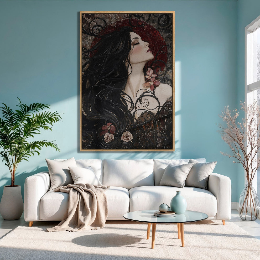 Framed Wall Art: Gothic woman with raven, dark & moody oil painting. Adds a touch of mystery & elegance to any bedroom decor. Black, brown, & beige palette.