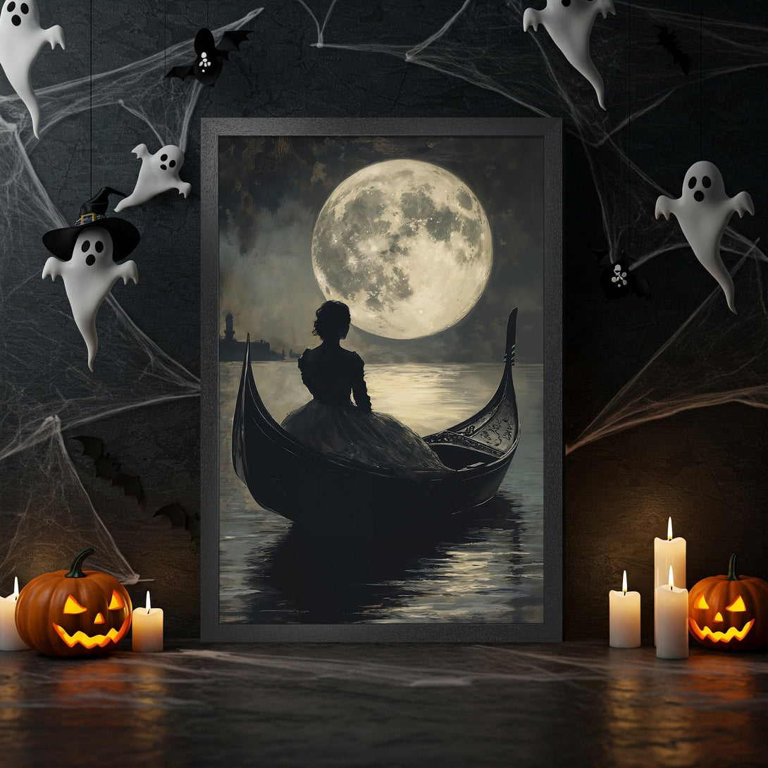 Framed Poster featuring a woman in a gondola with a full moon, in a dark, moody style with a grayscale and orange color palette. Perfect Halloween decor!
