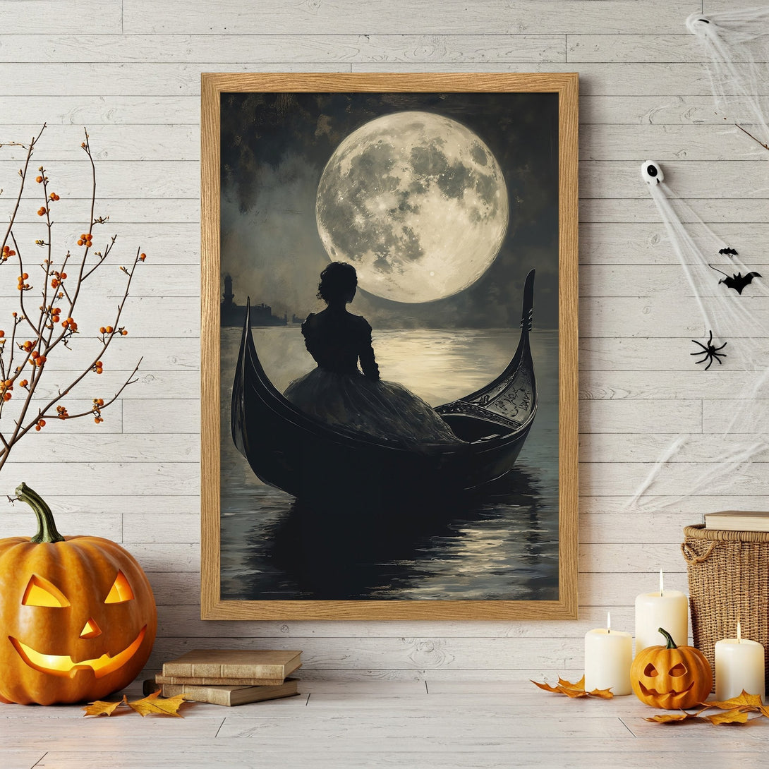 Framed Poster: Silhouette of woman in boat under a moonlit sky. Gothic style art with a moody, dark color palette. Perfect Halloween decor.