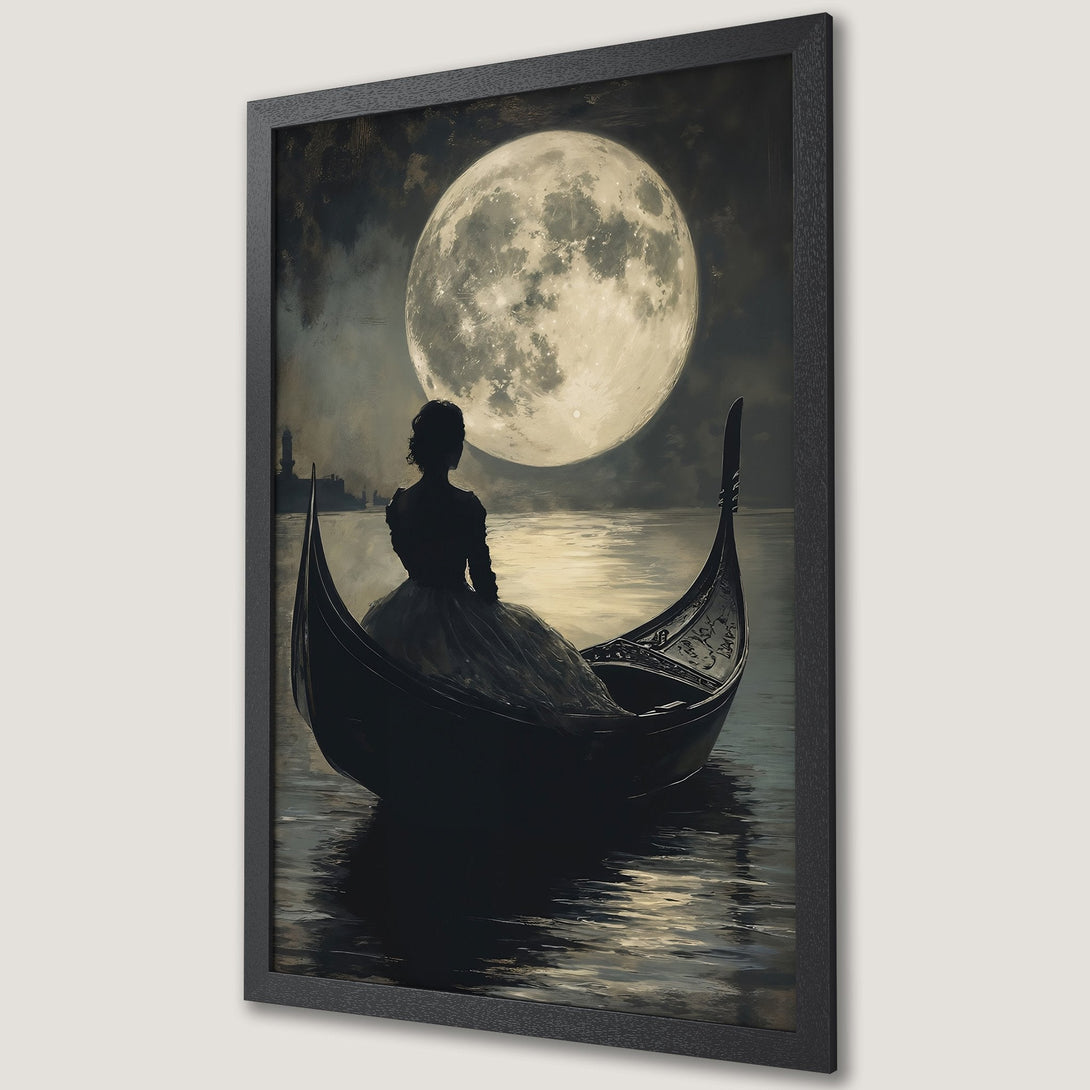 Framed Poster featuring a woman in a gondola under a full moon, romantic style, muted grayscale and gold palette. Perfect wall art.