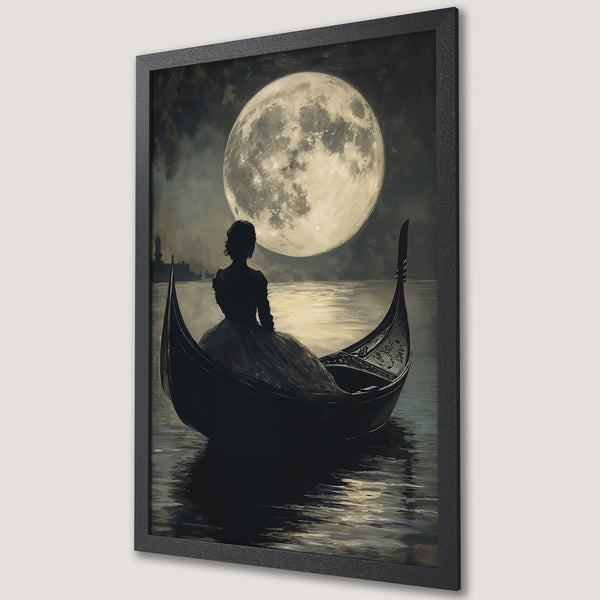 Framed Poster featuring a woman in a gondola under a full moon, romantic style, muted grayscale and gold palette. Perfect wall art.