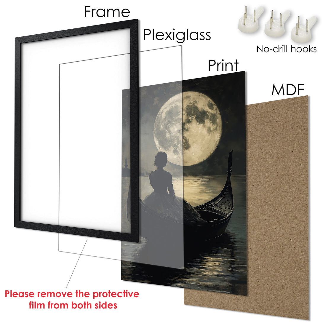 Framed Poster featuring a romantic scene with a full moon, in a vintage style, with a dark, moody color palette.