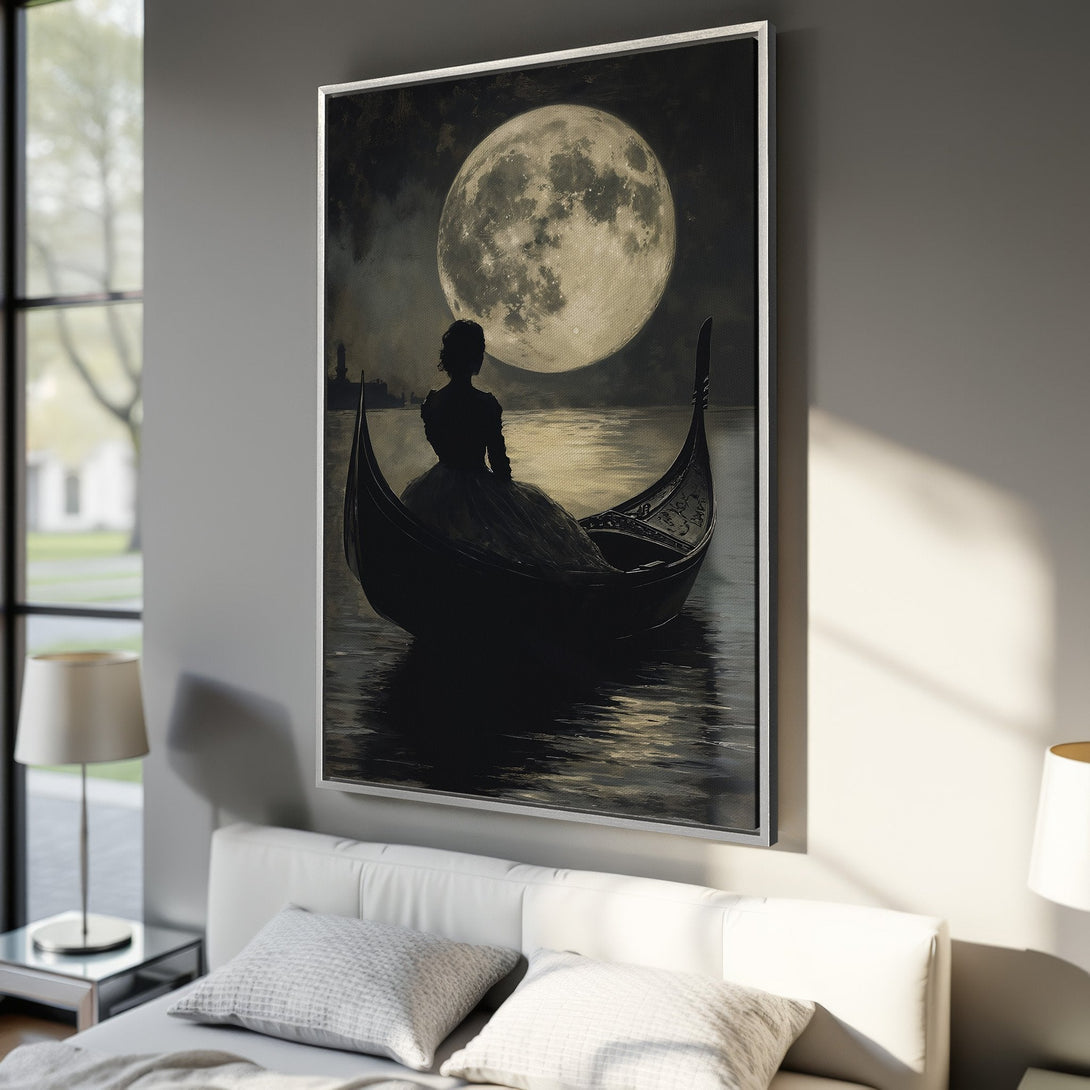 Framed Wall Art: Romantic gondola scene with a woman under a full moon. Vintage style, moody black and gold color palette, perfect for bedroom decor.