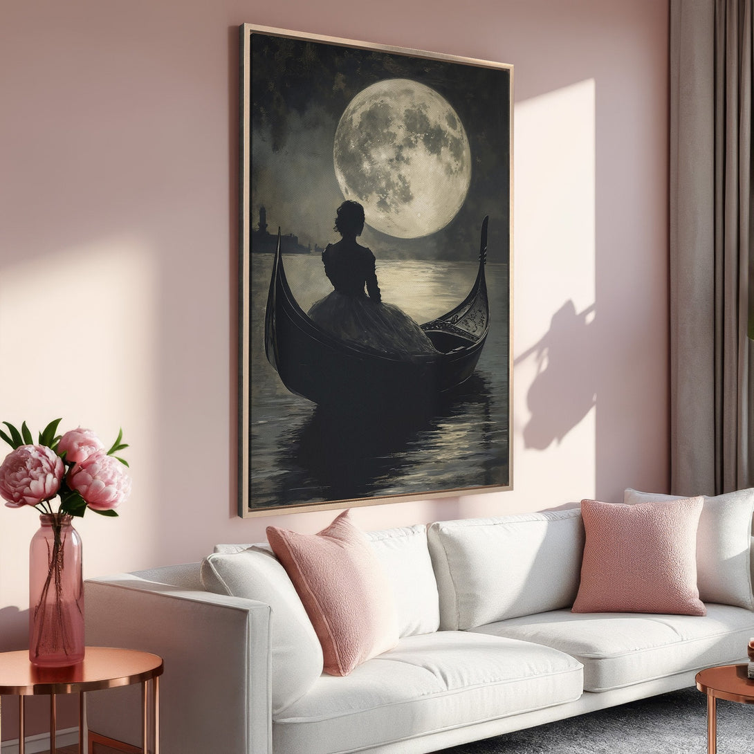 Framed Wall Art: Romantic scene of a woman in a gondola under a full moon. Vintage style, muted color palette. Perfect for adding elegance to your home.