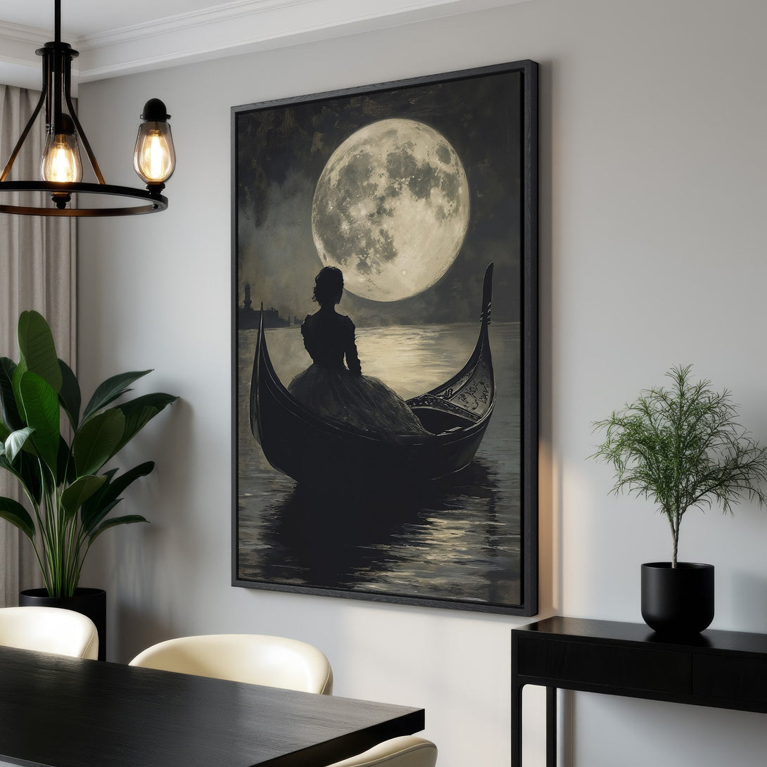 Framed Wall Art: Romantic moonlit scene with a woman in a gondola, in a dark, moody style. Neutral color palette perfect for any interior. Elevate your space!