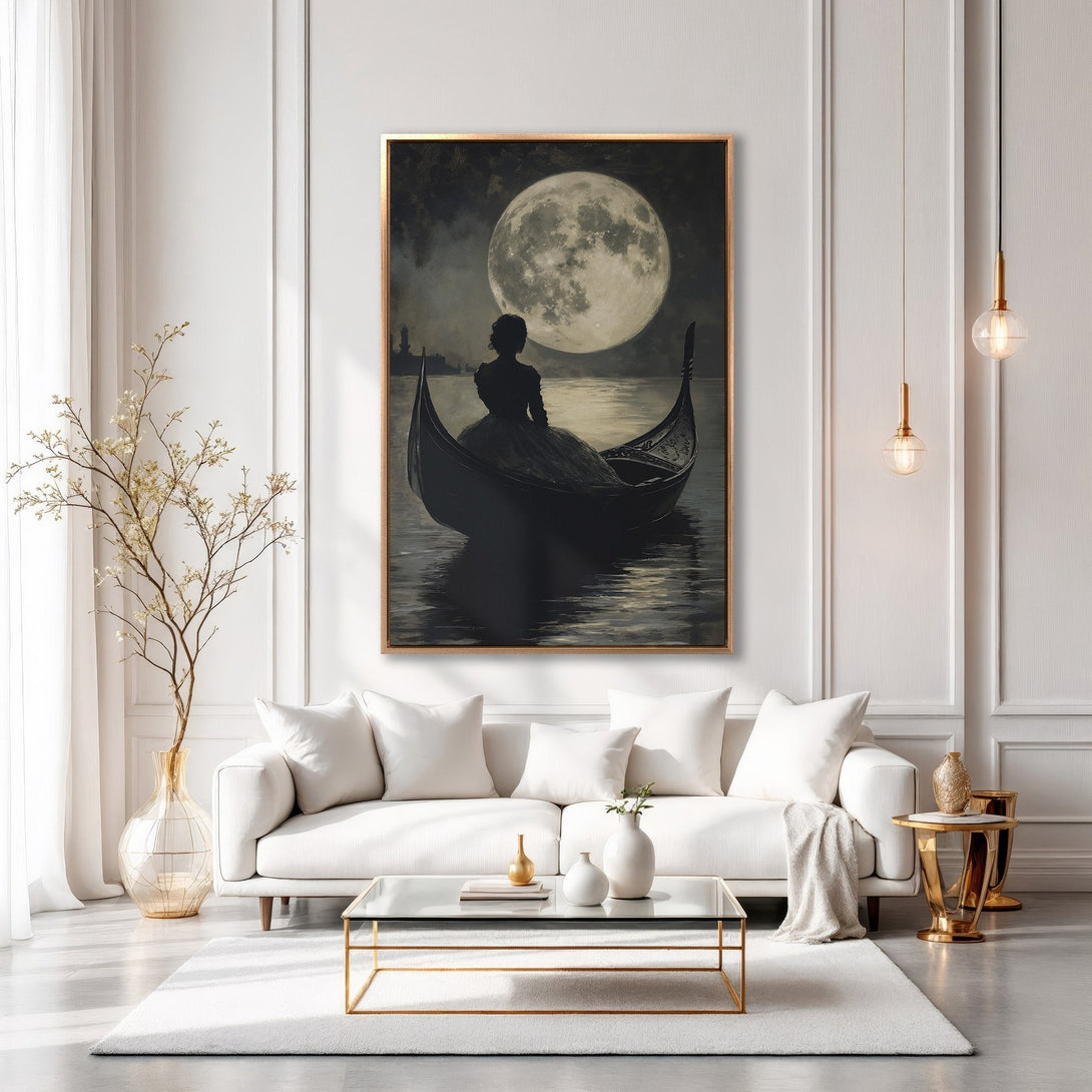 Framed Wall Art: Romantic gondola scene with a full moon. Elegant black and white artwork with gold frame, perfect for adding a touch of sophistication.