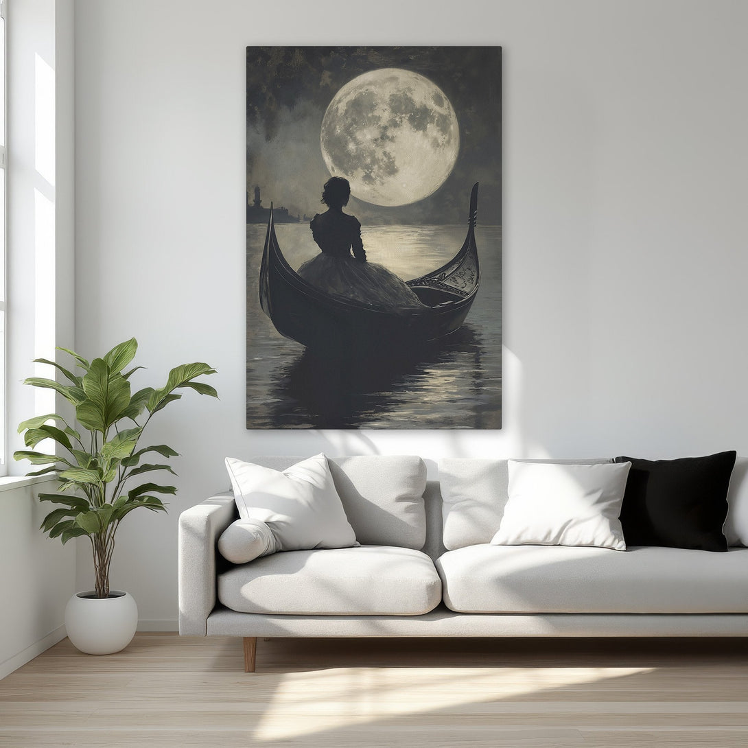 Framed Wall Art: Romantic moonlit gondola scene in grayscale. Elegant canvas print adds a touch of mystery and sophistication to any space.