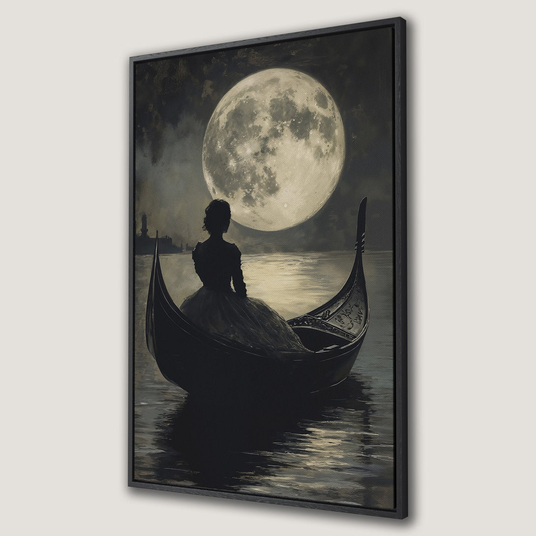 Framed Wall Art: Romantic scene of woman in gondola under a full moon. Vintage style with a moody, grayscale color palette. Perfect for adding elegance.