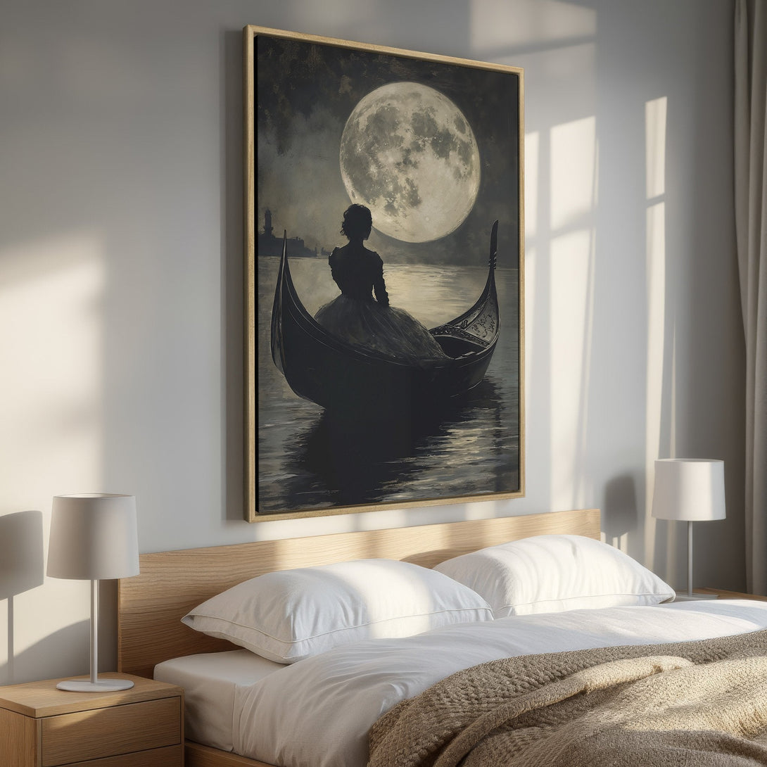 Framed Wall Art: Romantic scene of a woman in a gondola under a full moon. Vintage style, grayscale palette. Perfect bedroom decor.