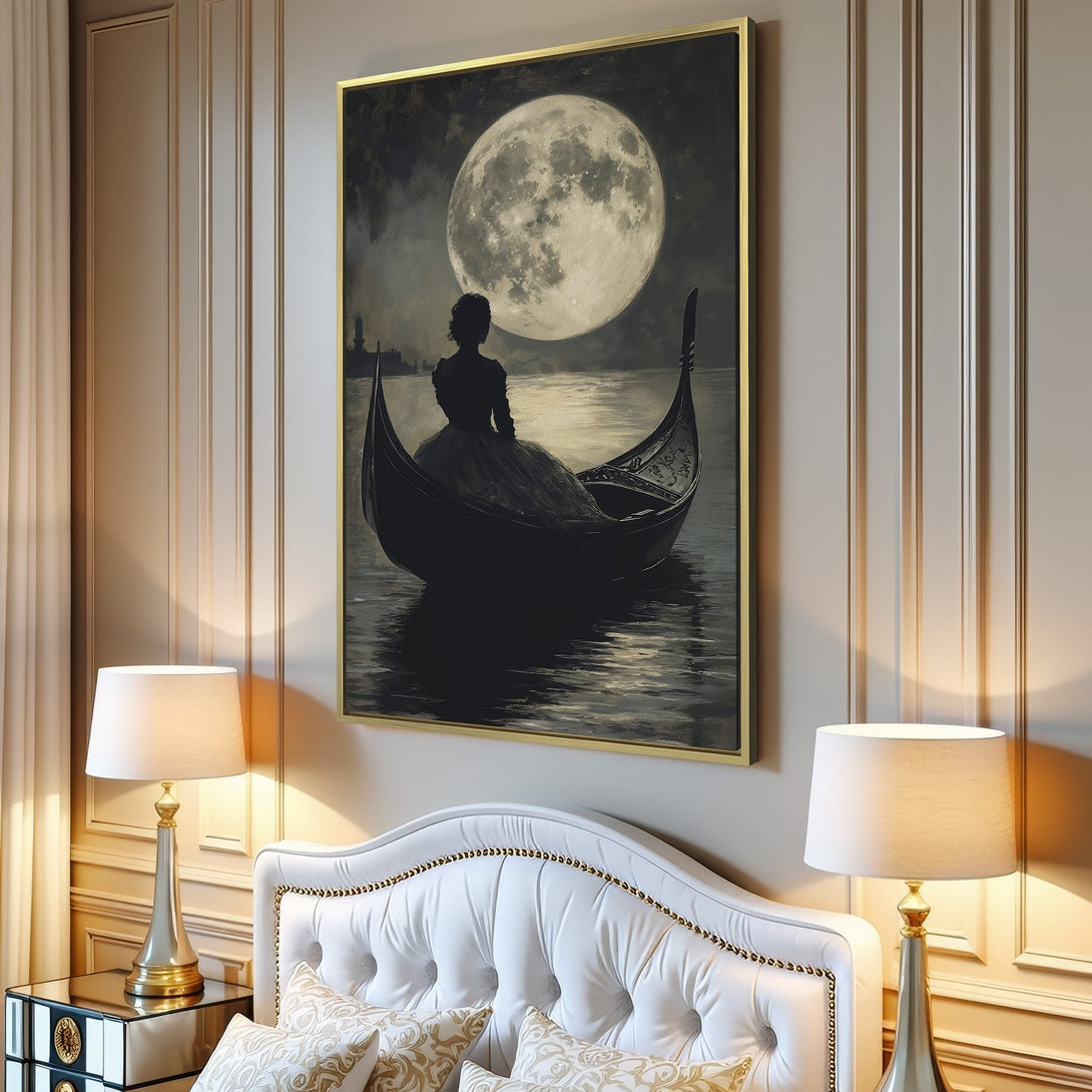 Canvas Print of a woman in a gondola under a full moon. Romantic, vintage style art in grayscale tones. Perfect wall decor!