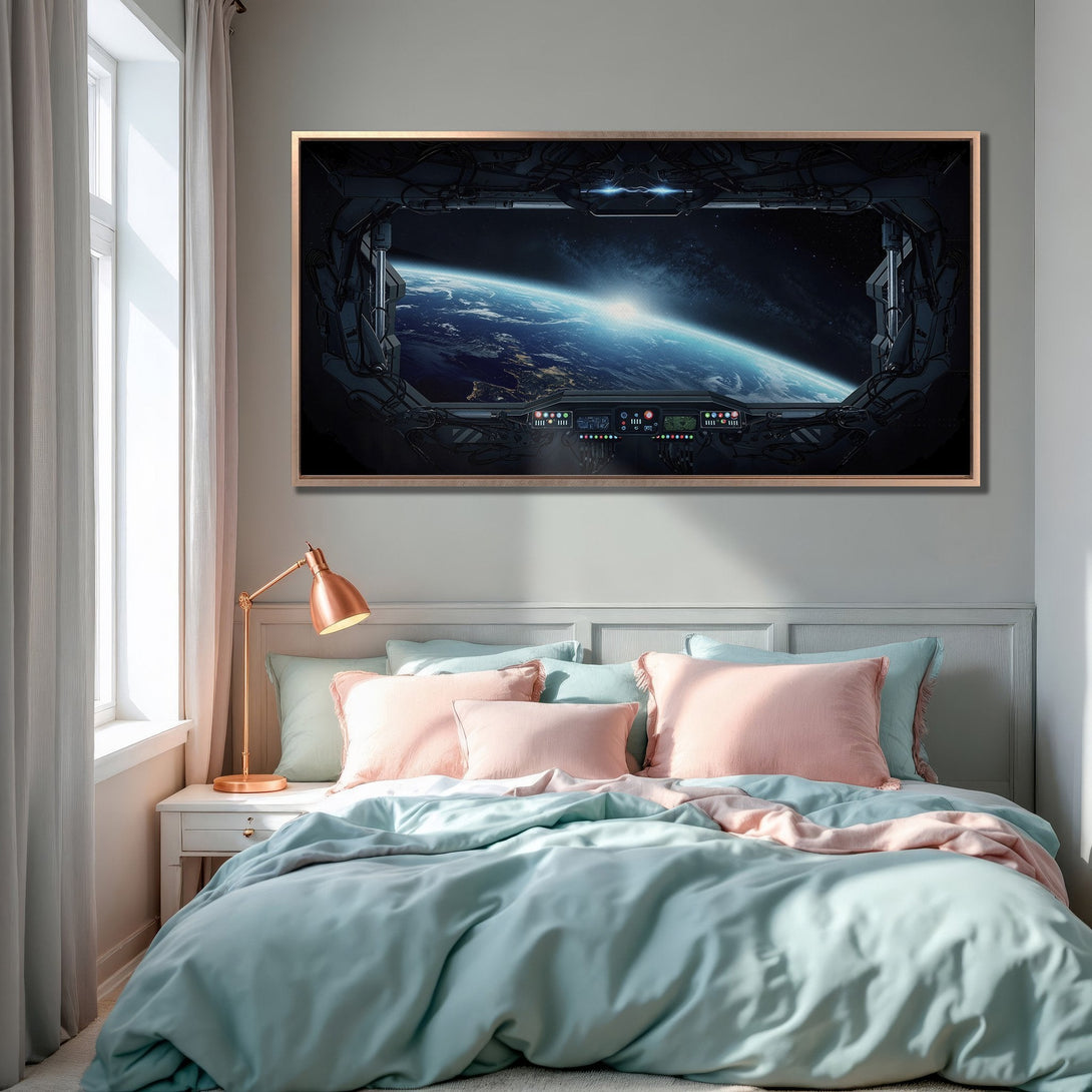 Framed Wall Art: Futuristic space scene in a bedroom. Blue, black, and copper tones create a modern, stylish aesthetic. Elevate your space with this unique art.