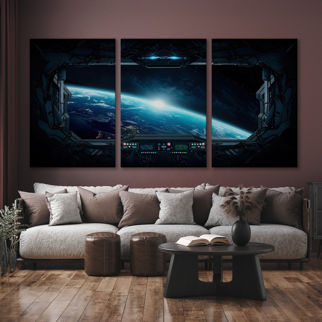 Canvas Print of space scene, sci-fi style, with a blue and dark color palette. Perfect for modern home decor.