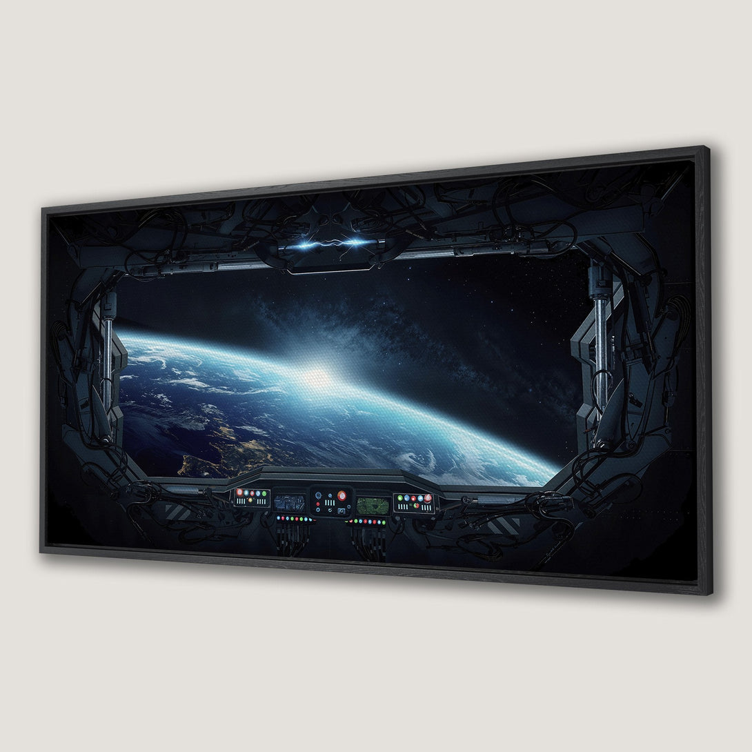 Framed Wall Art: Futuristic space view Canvas Print. Earth from a spaceship window, blue and black color palette. Perfect for sci-fi decor.