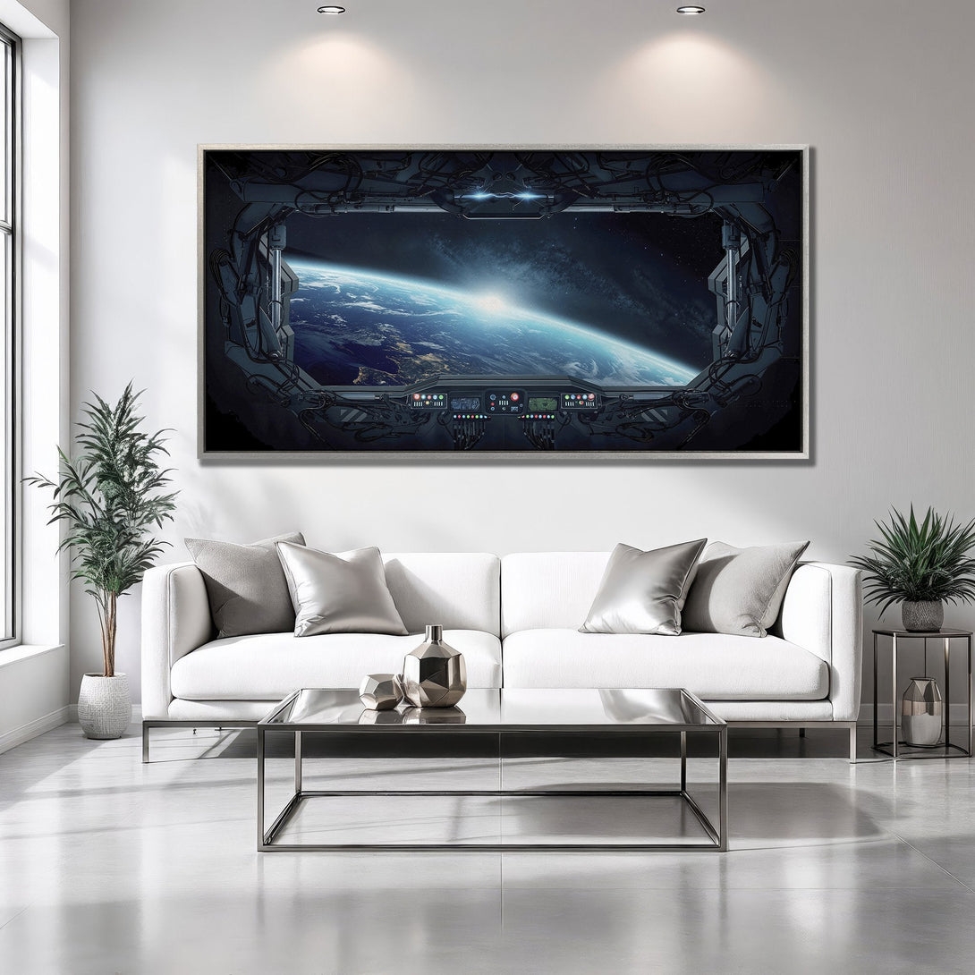Framed Wall Art: Futuristic space scene canvas print in a modern interior. Blue and grey color palette. Perfect for sci-fi lovers!