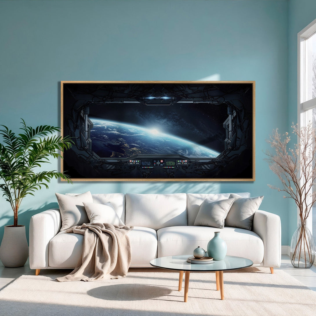 Framed Wall Art: Stunning space view canvas print in a modern living room. Earth tones and teal create a calming aesthetic. Elevate your space with art!