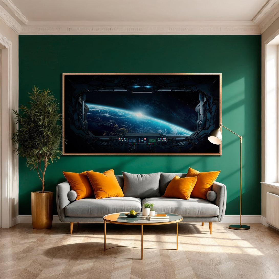 Framed Wall Art featuring a futuristic space scene in a modern living room. Earth tones and vibrant orange accents create a stylish interior.