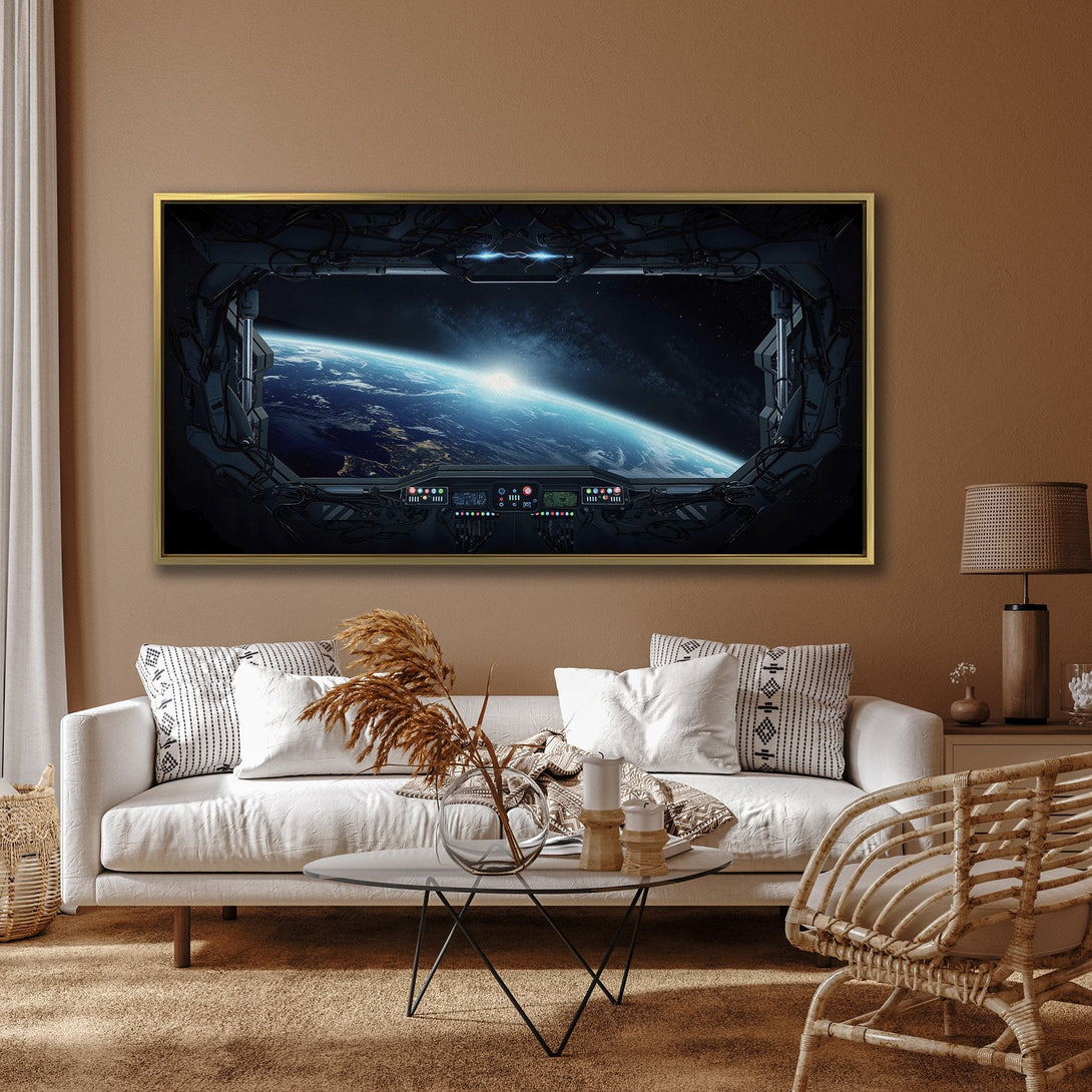 Canvas Print of a futuristic space view, featuring Earth in a blue and black color palette, adding a modern touch to any interior.